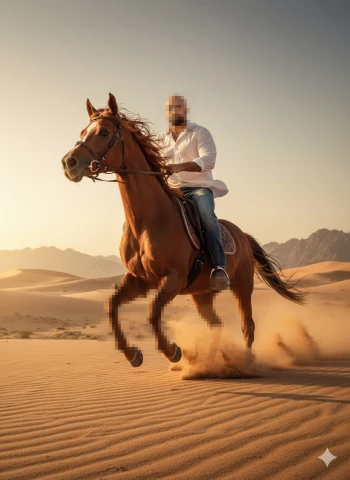 Man riding horse through golden desert dunes at sunset with mountains behind