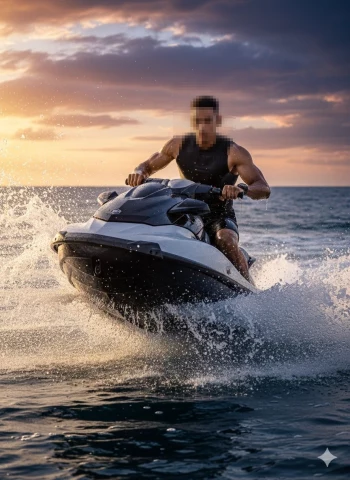 Man Riding Jet Ski at Sunset with Ocean Waves and Golden Light