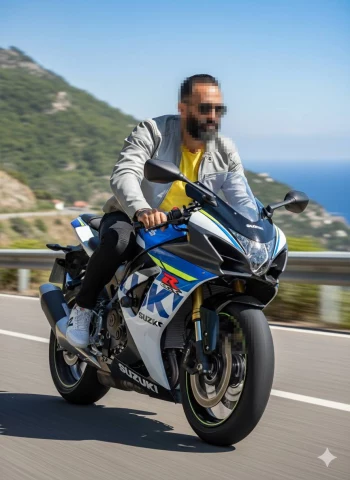 Man Riding Suzuki Motorcycle on Coastal Road with Blue Sea View