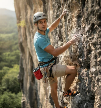 Man Rock Climbing on Steep Cliff in Nature with Safety Gear and Helmet