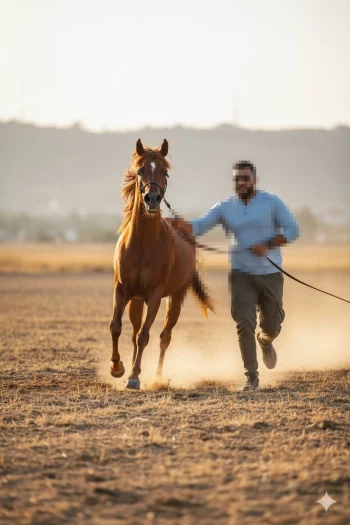 Man running with a brown horse in a dusty field during golden sunset light