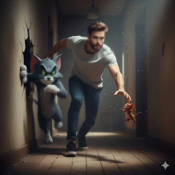 Man running with Tom and Jerry in a fun chase scene inside a hallway