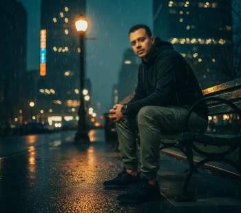 Man sitting alone on a bench at night in the rain under city streetlights