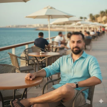 Man Sitting at Seaside Café in Light Turquoise Shirt Enjoying Ocean View
