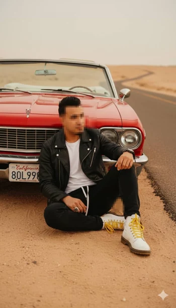 Man Sitting Beside Classic Red Convertible on Desert Road at Sunset