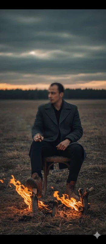 Man sitting by a campfire in a field under dramatic cloudy evening sky