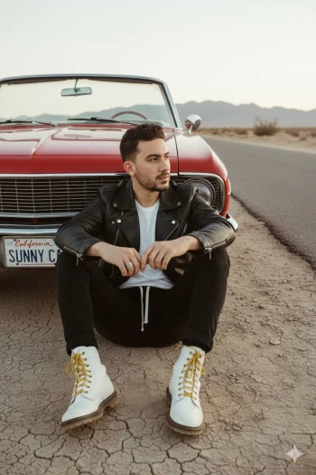 Man Sitting by a Classic Red Convertible on a Desert Road at Sunset