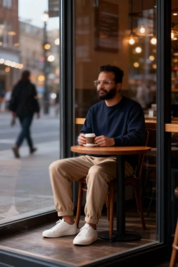 Man sitting by café window holding coffee and looking outside thoughtfully