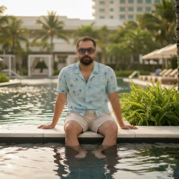 Man sitting by the pool wearing blue palm print shirt and beige shorts in resort