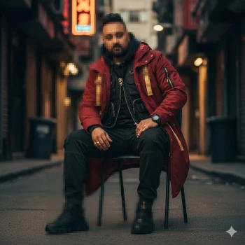 Man sitting confidently in urban alley wearing red jacket and black streetwear
