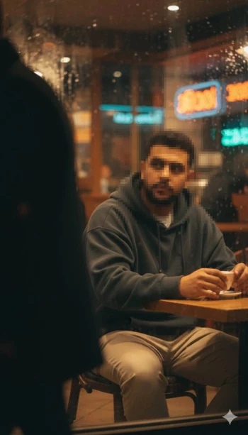 Man Sitting in a Cafe on a Rainy Night Holding a Cup of Coffee