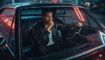 Man Sitting in Car on Rainy Night Wearing Black Leather Jacket and Thinking
