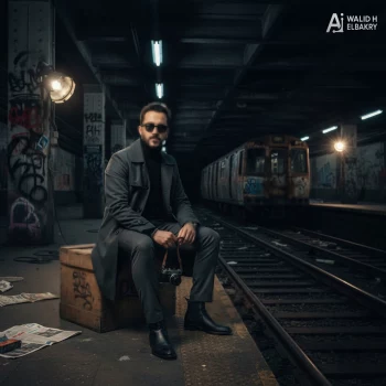 Man Sitting in Subway Station Holding Camera in Stylish Dark Outfit