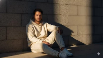 Man Sitting in Sunlight Wearing Cream Hoodie and Joggers