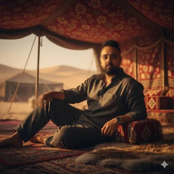 Man sitting in traditional desert tent wearing grey outfit at golden sunset