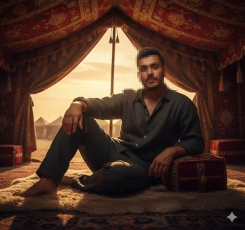 Man sitting in traditional tent at sunset with elegant green outfit