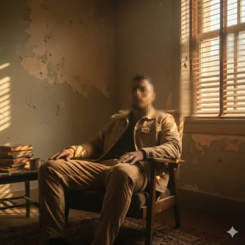 Man Sitting in Vintage Room with Warm Sunlight and Beige Outfit