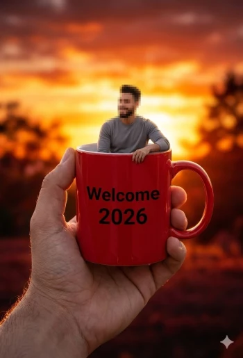 Man Sitting Inside a Coffee Mug Welcoming the New Year 2026