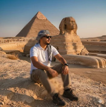 Man sitting near the Great Sphinx and Pyramid of Giza under golden sunlight
