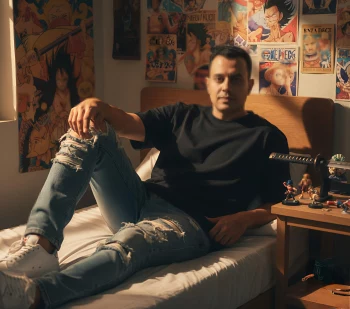 Man sitting on bed in cozy anime room with posters and collectibles