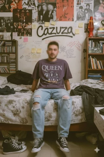 Man sitting on bed in vintage music-themed room with Queen band poster
