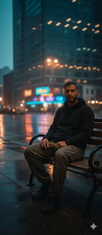 Man Sitting on Bench at Night in Rainy City with Neon Lights Background