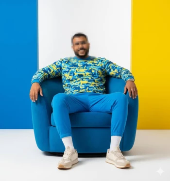 Man Sitting on Blue Armchair in Bright Studio with Yellow and Blue Background