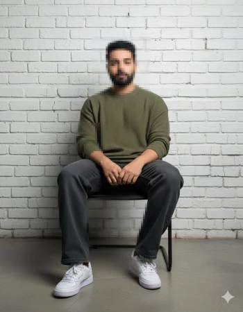 Man sitting on chair wearing green sweater and white sneakers against brick wall