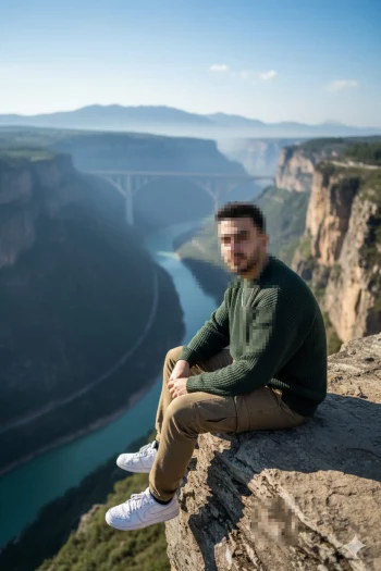 Man sitting on cliff edge overlooking scenic canyon and turquoise river