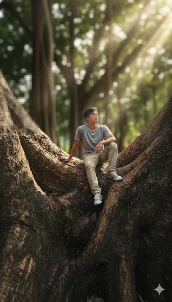 Man Sitting on Giant Tree Roots Under Sunlight in a Peaceful Forest