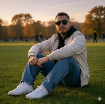 Man sitting on grass in a park during sunset wearing casual outfit and sunglasses