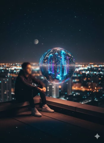 Man Sitting on Rooftop at Night with Futuristic Neon Holographic Sphere