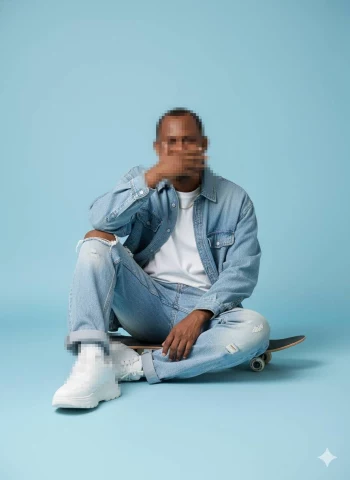 Man Sitting on Skateboard Wearing Denim Outfit and White Sneakers