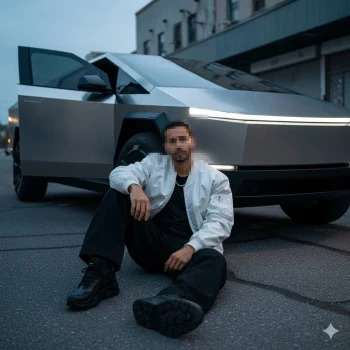 Man sitting on street in front of futuristic silver pickup truck at dusk