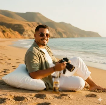 Man Sitting on the Beach at Sunset Holding a Camera and Enjoying the View