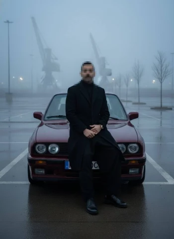Man sitting on vintage car in foggy parking lot with calm confident style