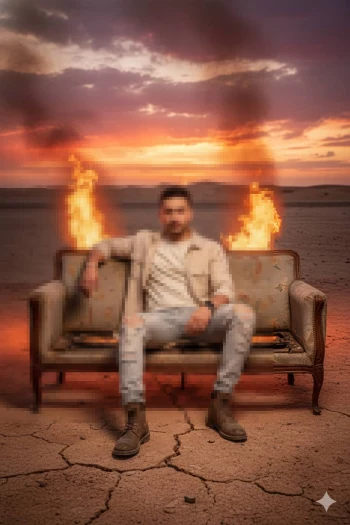 Man Sitting on Vintage Sofa in Desert with Flames at Sunset
