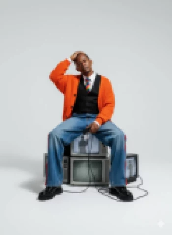 Man Sitting on Vintage TVs Wearing Orange Cardigan and Colorful Tie