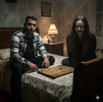 Man sitting with ghostly woman using Ouija board in haunted vintage room