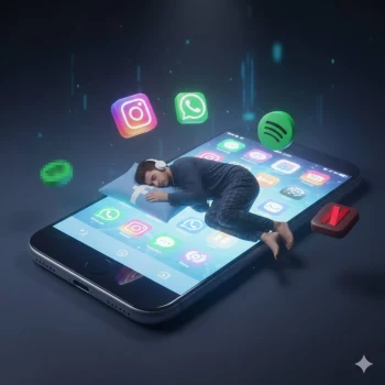Man Sleeping on Giant Smartphone Surrounded by Social Media Icons