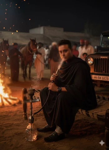 Man smoking hookah by bonfire at night in traditional setting with horses nearby