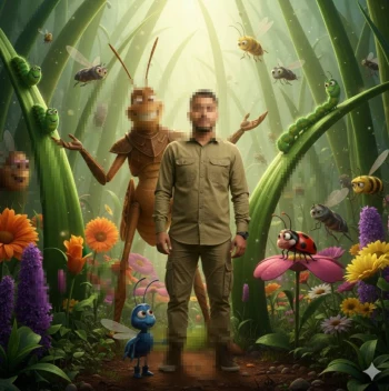 Man Standing Among Cartoon Insects in a Colorful Fantasy Forest