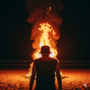 Man Standing Before a Massive Bonfire on the Beach at Night