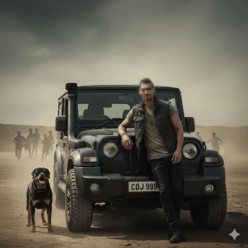 Man standing beside black Jeep in desert with Rottweiler dog under dramatic sky