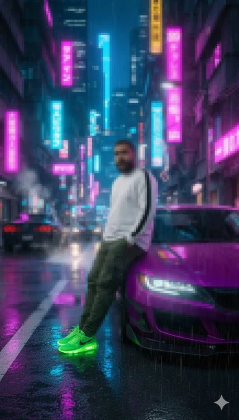 Man Standing by Purple Sports Car in Neon Rainy City Street at Night