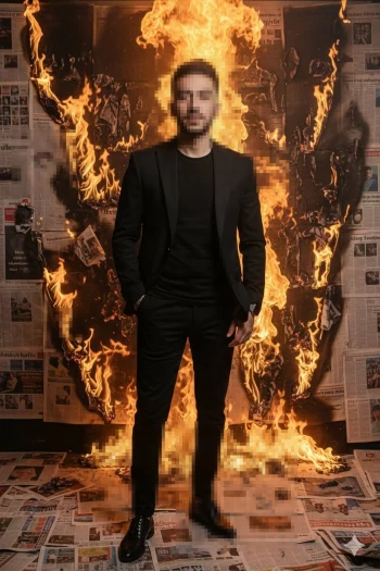 Man Standing Confidently in Front of a Wall of Burning Newspapers