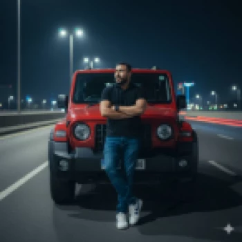 Man Standing Confidently in Front of Red SUV on City Highway at Night