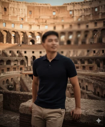 Man standing confidently inside the Colosseum during golden sunset