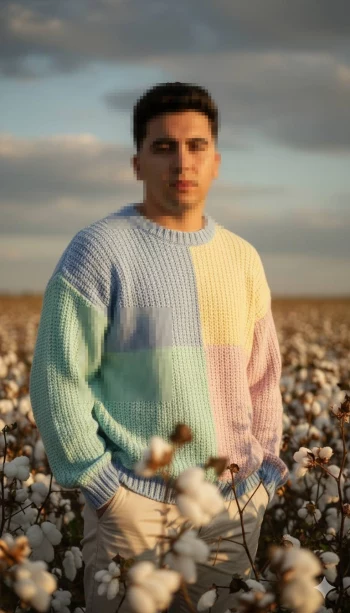 Man Standing in a Cotton Field Wearing a Pastel Sweater at Golden Hour