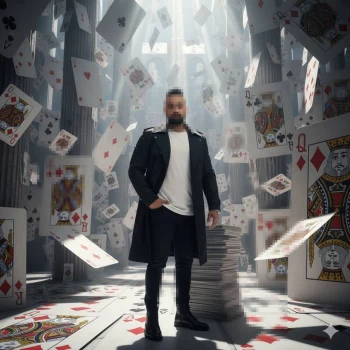 Man standing in a fantasy scene surrounded by giant floating playing cards